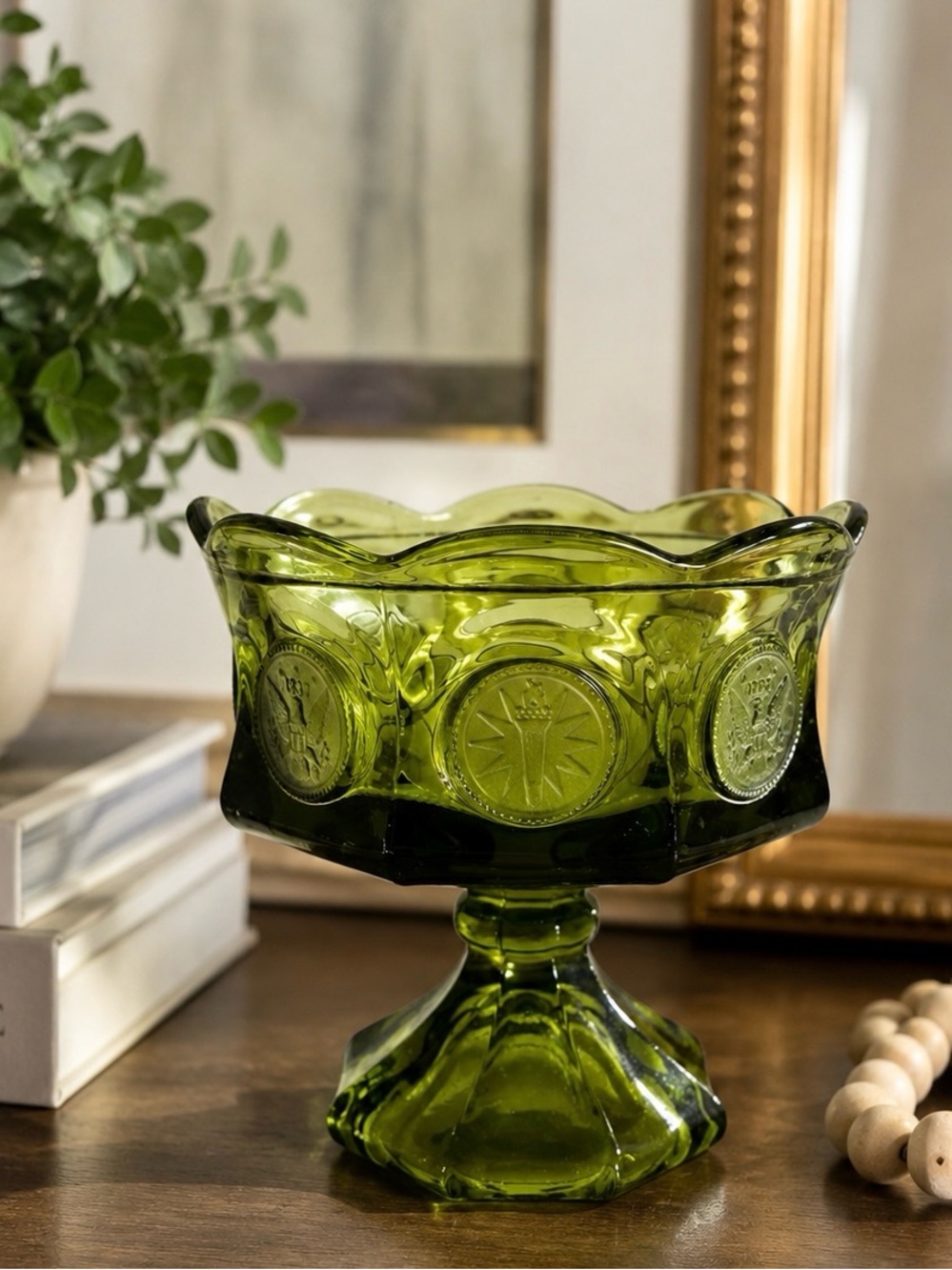 Fostoria Coin Glass Olive Green Pedestal Compote Bowl Vintage 1960s MCM